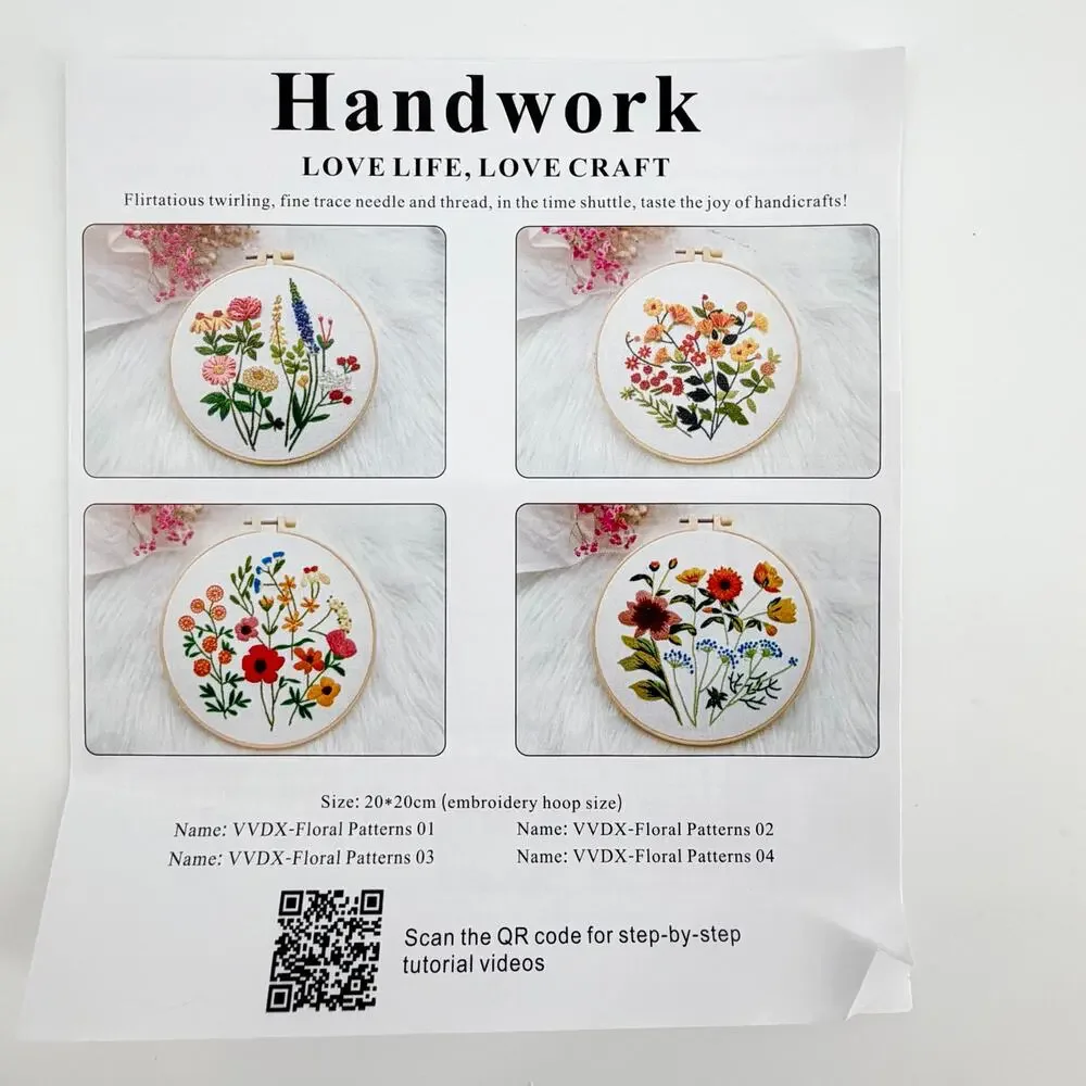 Handwork Floral Embroidery Kit Set of 4 Patterns Hoop Thread DIY Beginner Craft
